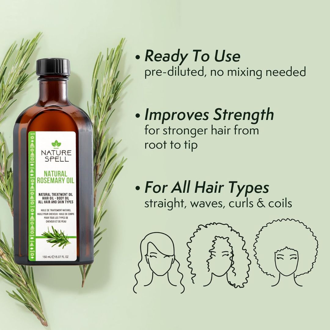 Nature Spell Rosemary Oil for Hair Growth with Root Comb Applicator, Pre-Diluted Oil to Strengthen and Nourish Dry, Damaged Strands, For All Hair Types, 150ml