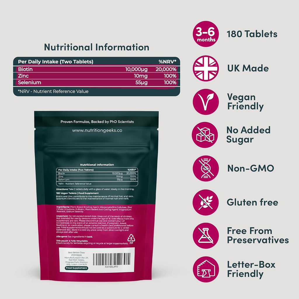 Biotin Hair Growth Supplement - 180 Vegan Tablets Enhanced with Zinc & Selenium, Hair Vitamins Complex - Biotin 10000 mcg - Hair Skin and Nails Vitamins for Women & Men