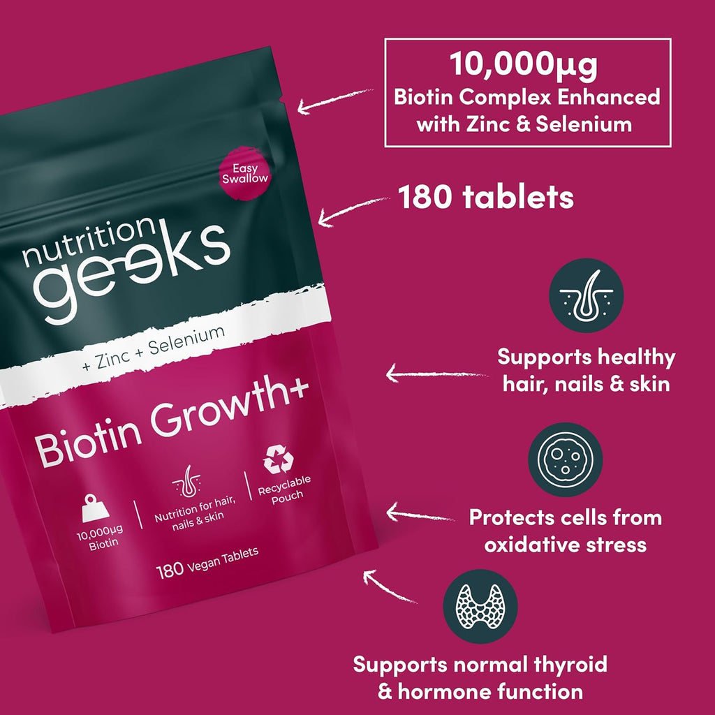 Biotin Hair Growth Supplement - 180 Vegan Tablets Enhanced with Zinc & Selenium, Hair Vitamins Complex - Biotin 10000 mcg - Hair Skin and Nails Vitamins for Women & Men