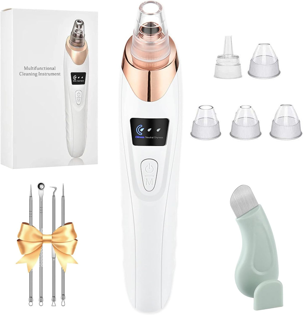 Pore Vacuum Blackhead Remover with 3 Adjustable Suction Levels, USB Rechargeable, 5 Replaceable Heads for Face Deep Cleansing, Includes Blackhead Spatula for Women & Men