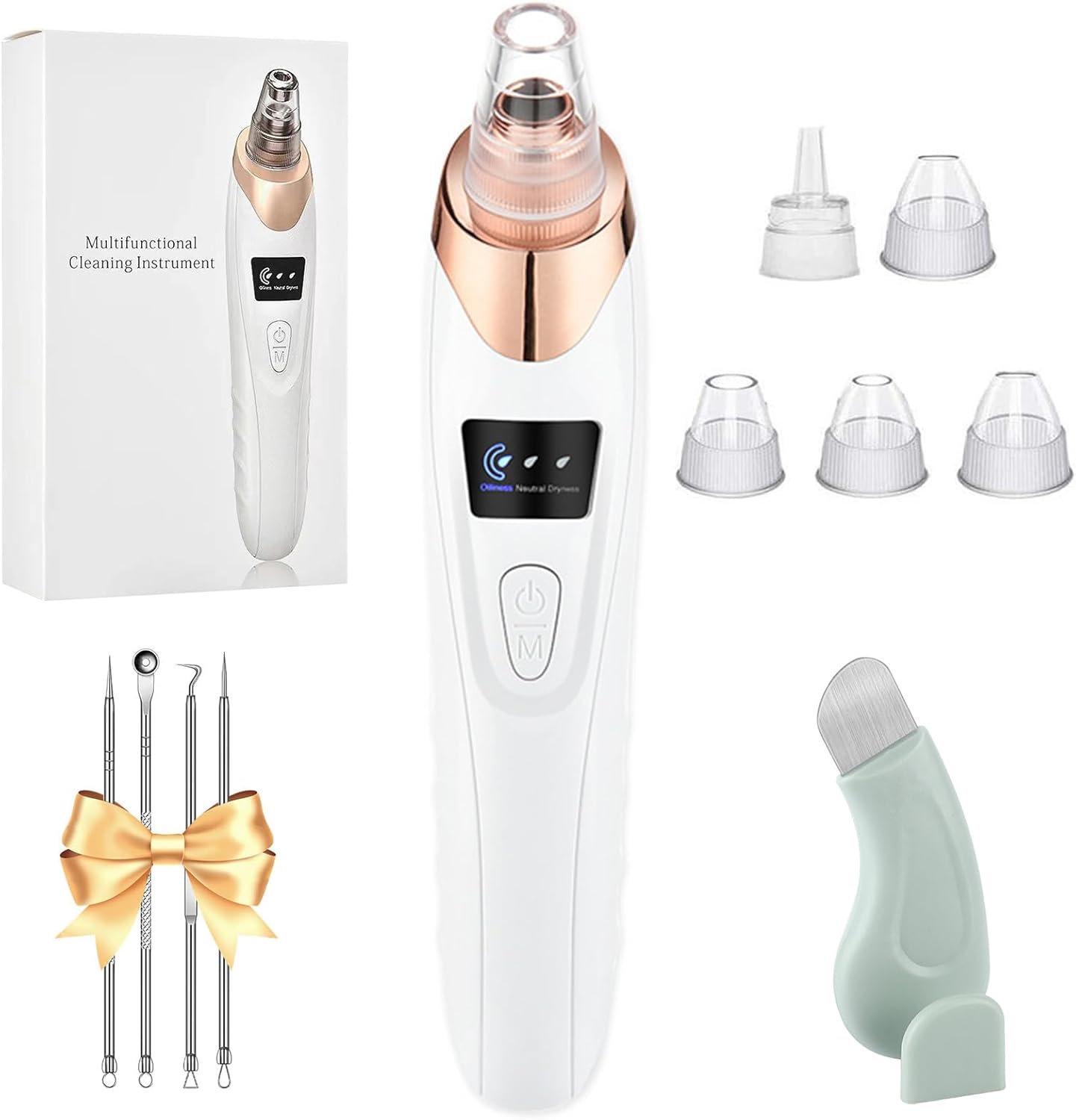 Pore Vacuum Blackhead Remover with 3 Adjustable Suction Levels, USB Rechargeable, 5 Replaceable Heads for Face Deep Cleansing, Includes Blackhead Spatula for Women & Men
