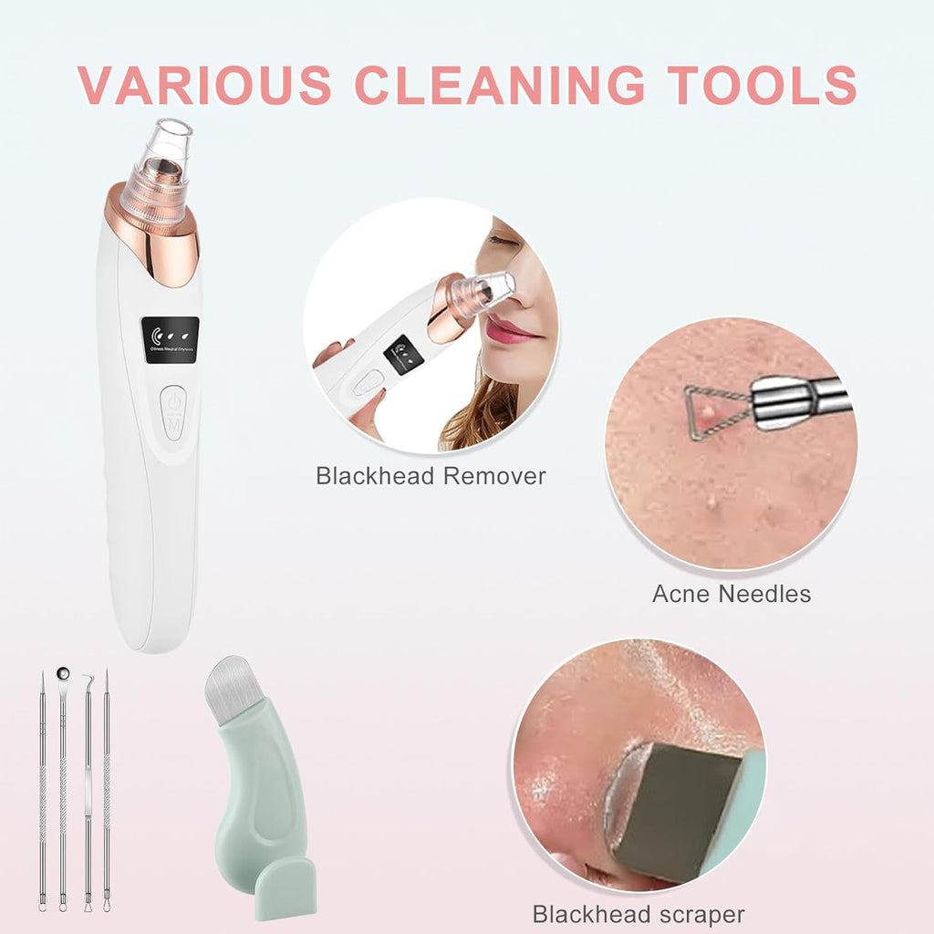 Pore Vacuum Blackhead Remover with 3 Adjustable Suction Levels, USB Rechargeable, 5 Replaceable Heads for Face Deep Cleansing, Includes Blackhead Spatula for Women & Men