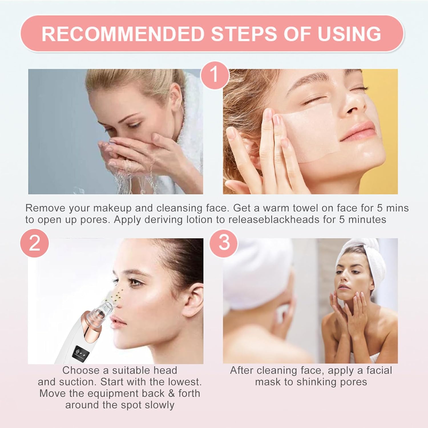 Pore Vacuum Blackhead Remover with 3 Adjustable Suction Levels, USB Rechargeable, 5 Replaceable Heads for Face Deep Cleansing, Includes Blackhead Spatula for Women & Men