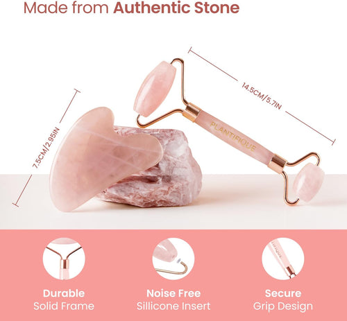 Plantifique Rose Quartz Roller & Gua Sha Set – Face Massager & Skincare Tool for Anti-Aging – Gift for Women & Men, Natural Facial Care & Beauty