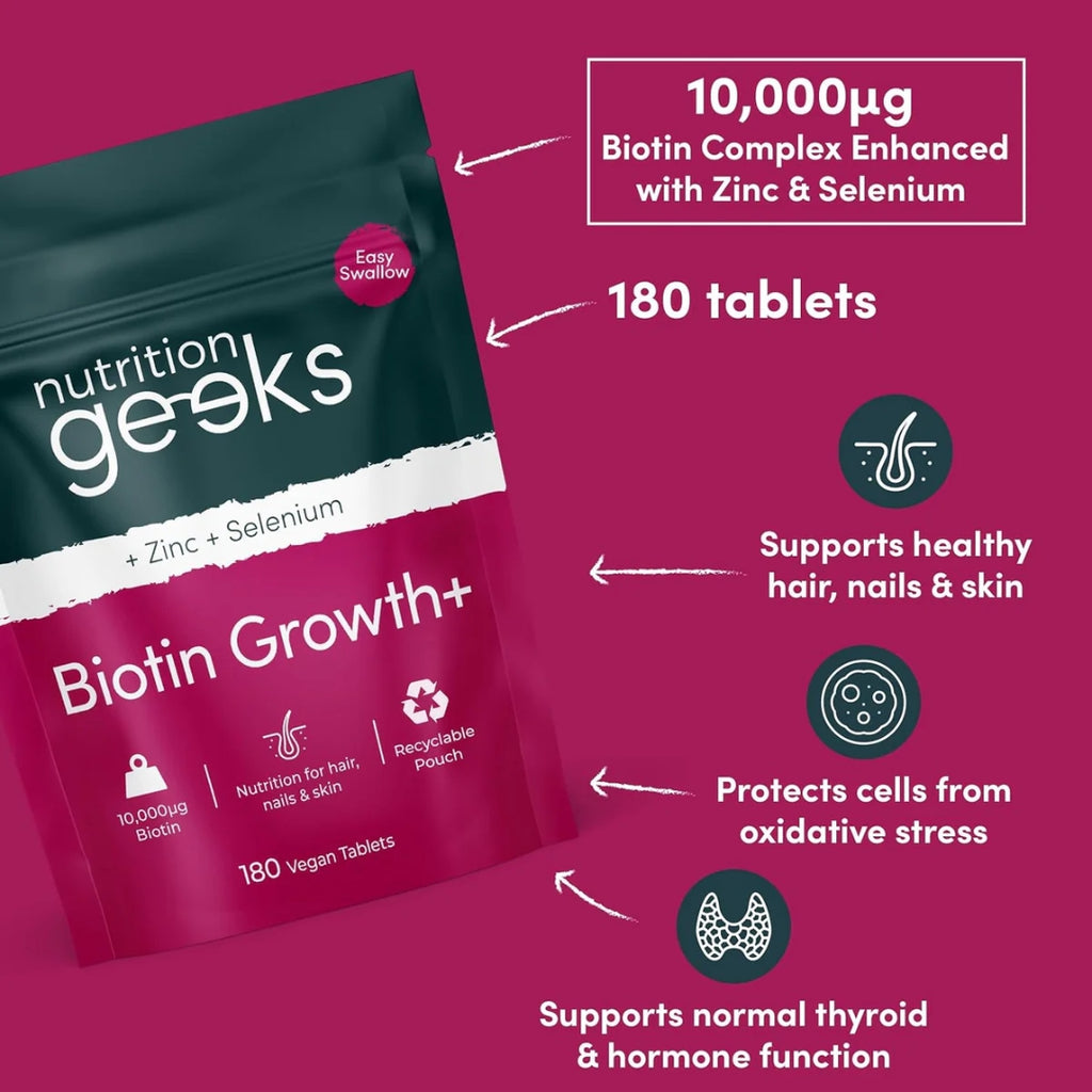 Biotin Hair Growth Supplement - 180 Vegan Tablets Enhanced with Zinc & Selenium, Biotin 10000 mcg - for Women & Men