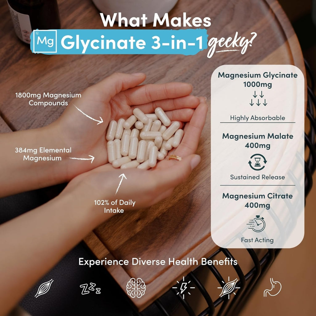 Magnesium Glycinate 3-in-1 Complex 1800mg – High Absorption Bisglycinate, Citrate & Malate – 384mg Elemental Magnesium – 90 Vegan Capsules (UK Health Supplement)