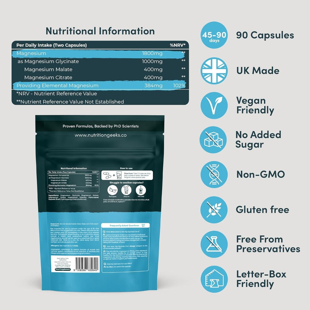 Magnesium Glycinate 3-in-1 Complex 1800mg – High Absorption Bisglycinate, Citrate & Malate – 384mg Elemental Magnesium – 90 Vegan Capsules (UK Health Supplement)