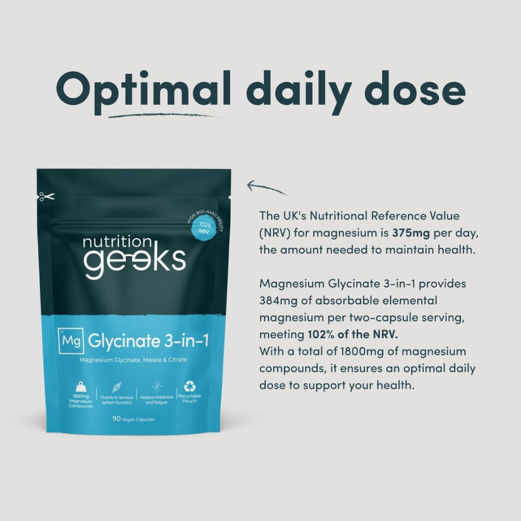 Magnesium Glycinate 3-in-1 Complex 1800mg – High Absorption Bisglycinate, Citrate & Malate – 384mg Elemental Magnesium – 90 Vegan Capsules (UK Health Supplement)